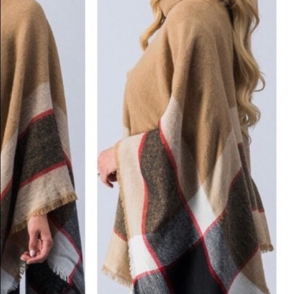 ✨SALE!✨5⭐️NEW TAN CAMEL PLAID PONCHO WRAP CAPE TOP - Picture 8 of 8
